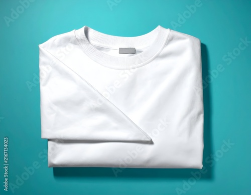 Top view of folded white sweatshirt on blue background