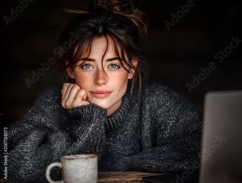 Young woman with freckles and blue eyes wearing a cozy sweater, resting her chin on her hand with a laptop and coffee nearby