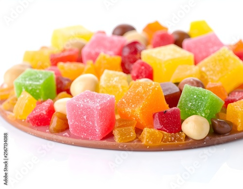 Turkish delight cubes and assorted jelly candies.