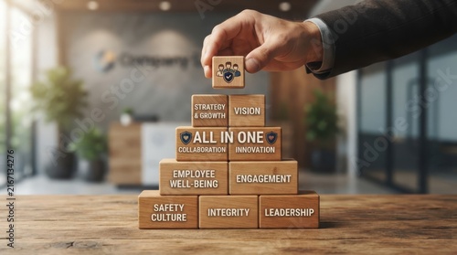 Stacked wooden boxes with business words on office floor