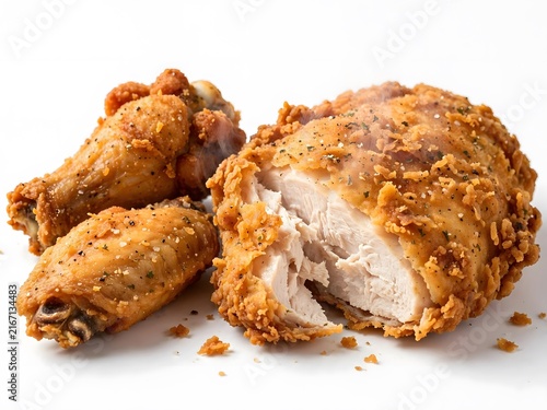 Delicious Crispy Golden Brown Fried Chicken Pieces with Juicy Meat and Crunchy Breaded Coating Isolated on White Background