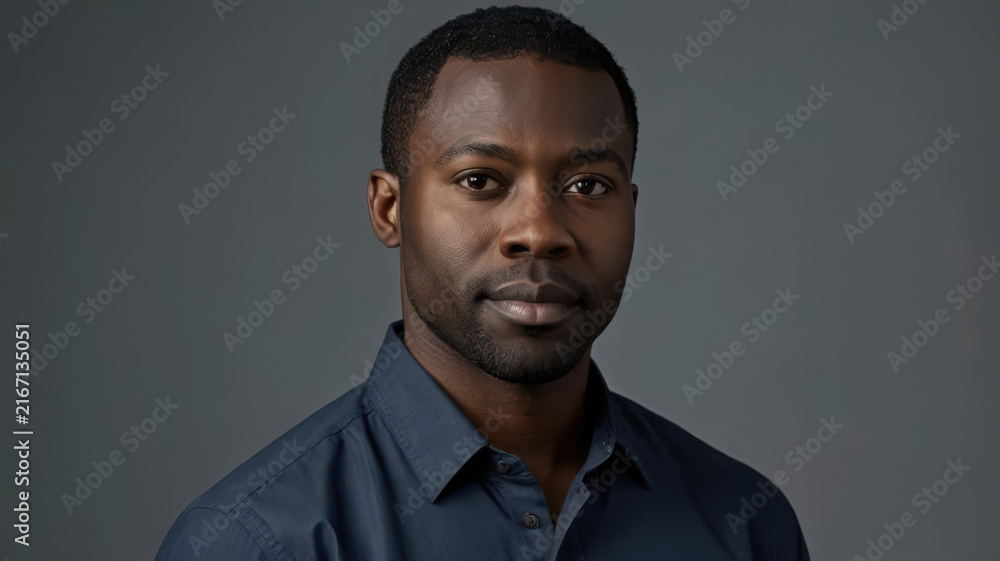 Obraz premium Black man portrait studio headshot with calm expression against dark gray background