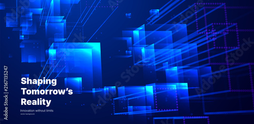 Futuristic technology banner template with copy space, glowing data streams and blue digital network elements. Modern business presentation with abstract data flow, digital lines and geometric forms.