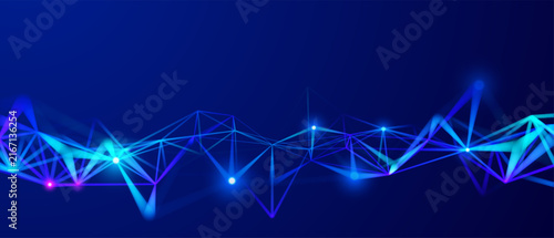 Abstract AI research background with glowing connected blue and purple nodes and polygonal network. Futuristic data science, neural technology and digital communication concept.