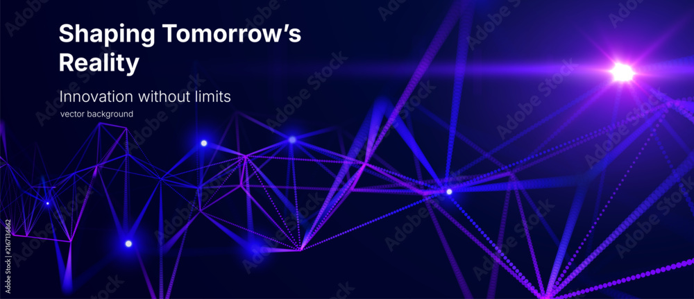 Fototapeta premium Abstract AI research background with glowing connected blue and purple nodes and polygonal network. Futuristic data science, neural technology and digital communication concept.