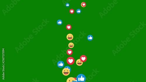 Floating social media likes hearts and happy emoji reactions rising on green screen 4k