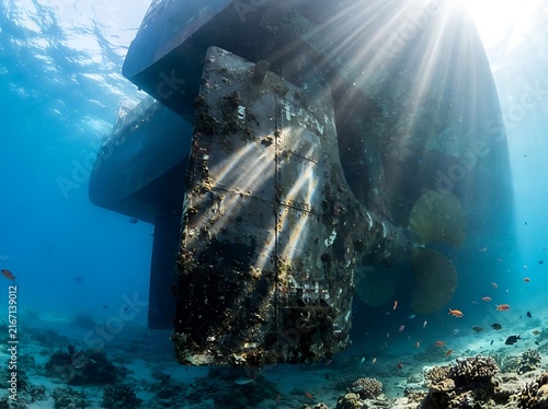 Underwater view of a ship rudder and propeller in clear ocean