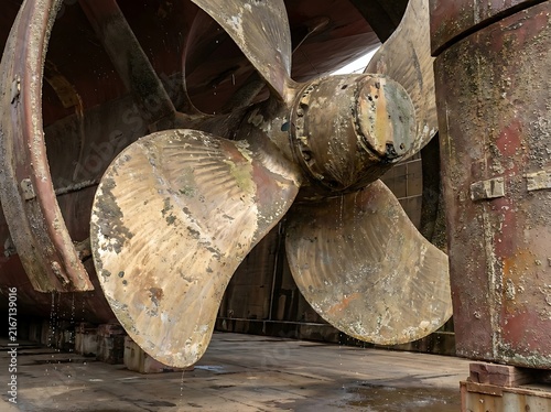 Large ship propeller in a dry dock for maintenance with drydock