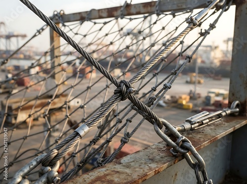 Steel wire safety netting attached to a metal frame with cable
