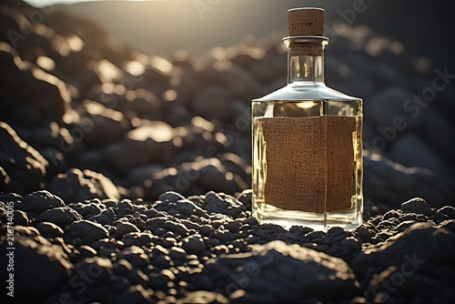 IA generated Oaxacan agave fiber mezcal bottle mockup. Premium spirits heritage branding template on volcanic rock with side light.
