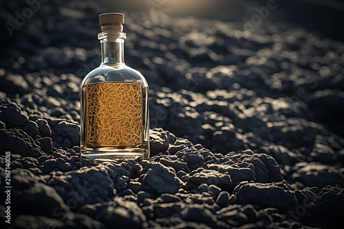 IA generated Oaxacan agave fiber mezcal bottle mockup. Premium spirits heritage branding template on volcanic rock with side light.

