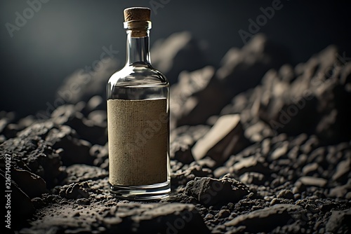 IA generated Oaxacan agave fiber mezcal bottle mockup. Premium spirits heritage branding template on volcanic rock with side light.
