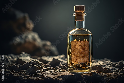 IA generated Oaxacan agave fiber mezcal bottle mockup. Premium spirits heritage branding template on volcanic rock with side light.
