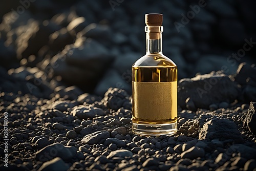 IA generated Oaxacan agave fiber mezcal bottle mockup. Premium spirits heritage branding template on volcanic rock with side light.
