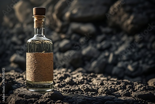 IA generated Oaxacan agave fiber mezcal bottle mockup. Premium spirits heritage branding template on volcanic rock with side light.
