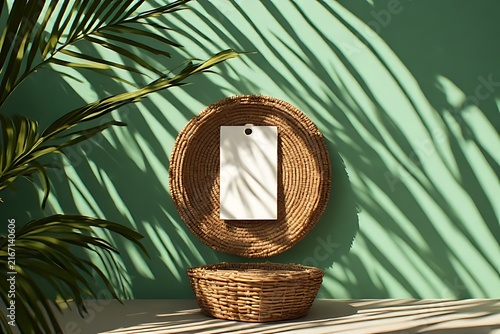 IA generated Yucatan rattan basket mockup on lime wall. Sustainable product showcase template with dappled palm sunlight shadows.
