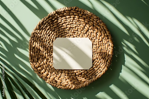 IA generated Yucatan rattan basket mockup on lime wall. Sustainable product showcase template with dappled palm sunlight shadows.
