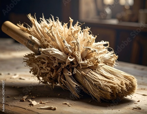 Heavily frayed straw brush on wooden workbench.