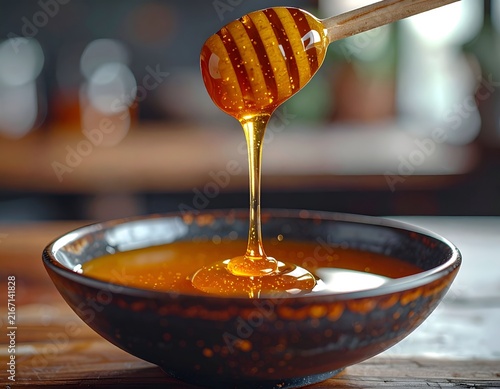 Honey dipper pouring golden liquid into black bowl