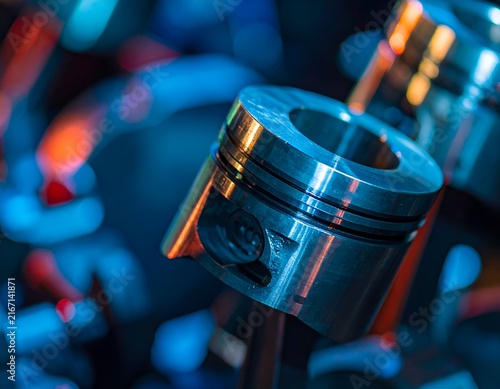 Industrial steel piston component with blue atmospheric lighting.