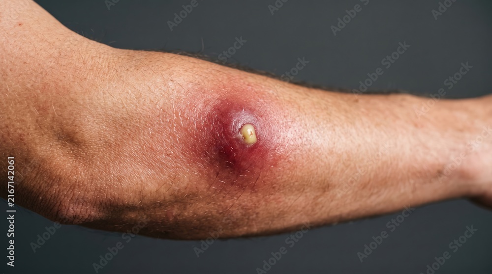 Naklejka premium Severe inflamed skin abscess boil with pus head on forearm