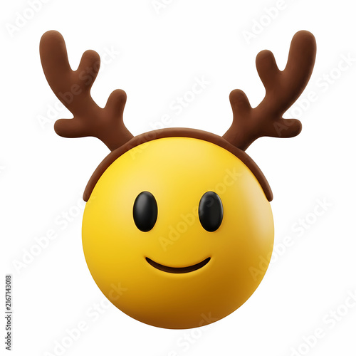 Yellow smiley face wearing festive brown deer antlers for winter holiday celebration themes cheerful expression representing joy and spirit of seasonal cheer during merry celebrations throughout