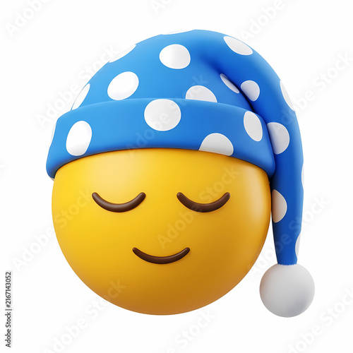 Yellow sleeping face emoji wearing a blue nightcap with white polka dots showing a peaceful expression for social media messaging and expressing tiredness or the need for rest during the