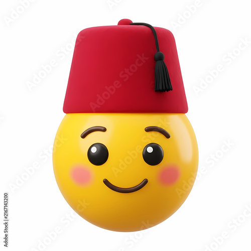 A round yellow face wearing a traditional crimson felt hat with a black tassel topper conveying a joyful expression and rosy cheeks representing cultural heritage and festive celebration of