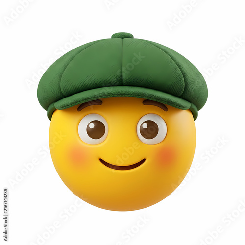 Happy Yellow Character Wearing A Classic Green Flat Cap Accessory For Casual Style Expressions Representing Friendly Emotions And Human Gestures Within A Digital Environment For Creative Social