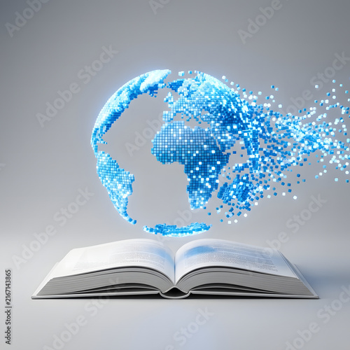 Glowing blue pixelated globe emerging from open book representing digital knowledge education and global data connectivity