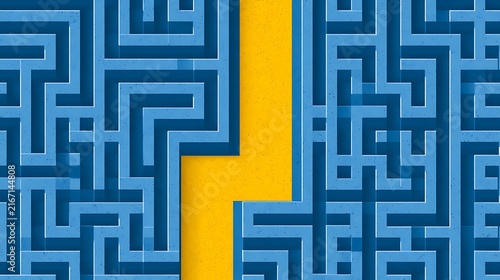 A bright yellow path cuts cleanly through complex blue maze walls under bright studio lighting. Perfect concept illustration for business strategy and problem solving.