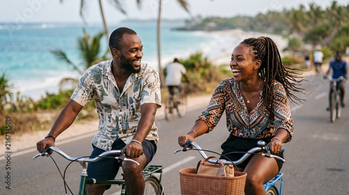 African couple smiling and riding bikes while cycling together along coastal road. Happy man and woman enjoy ocean view while cycling together. Active lifestyle concept with couple cycling together.