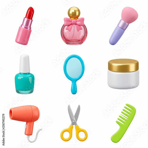 A collection of various beauty items featuring lipstick perfume fragrance applicator powder brush nail polish hand mirror cream jar hair dryer styling scissors and a colorful plastic hair