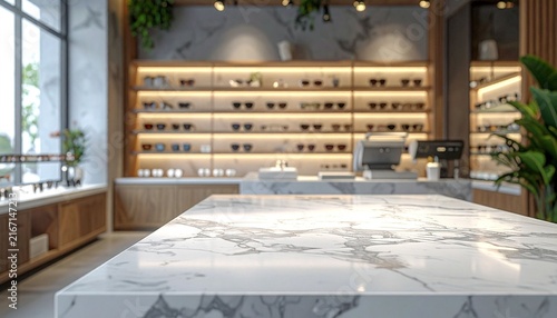 An empty marble counter, with a backdrop of shelves in an eyewear and sunglasses shop, and a blurry eye testing machine.