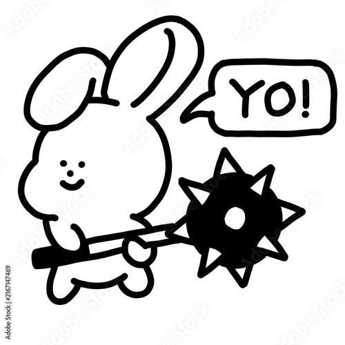 Fotografía Cool bunny with spiked mace, YO! speech bubble, edgy bold black line art