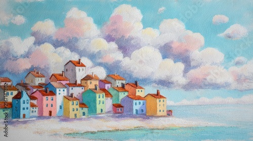 Soft pastel chubby seaside town scene, small houses near water, fluffy clouds above, white background