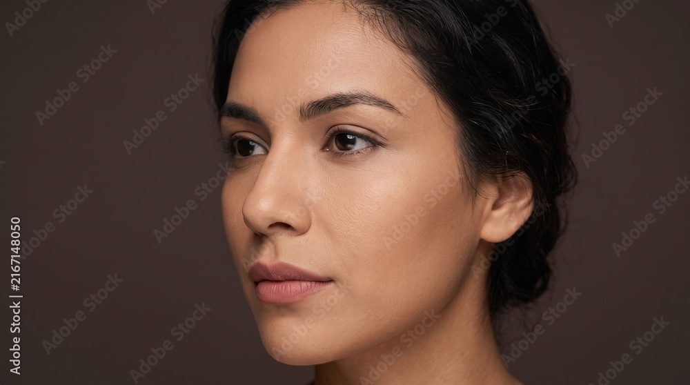 Fototapeta premium Portrait of Elegant Hispanic Woman with Flawless Matte Skin and Natural Makeup