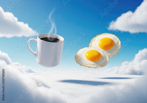 A surrealist dream of breakfast elements including a white ceramic mug of black coffee and sunny side up eggs floating amidst soft clouds, caffeine, atmosphere, weightless