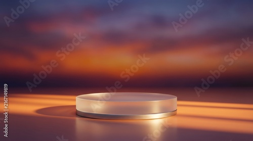 Empty product display podium with a dramatic sunset gradient background for luxury branding.