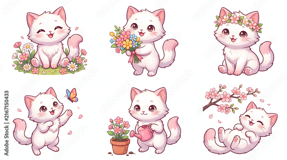 Obraz premium Cute little white kittens engaged in various spring activities like holding flowers and playing with butterflies