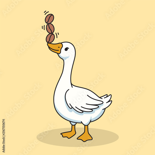 Cute Goose Balancing Coffee Beans On Its Beak Cartoon Vector Illustration