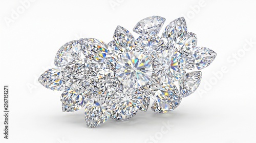 Cluster of brilliant cut diamonds arranged in a luxury floral jewelry setting on white.