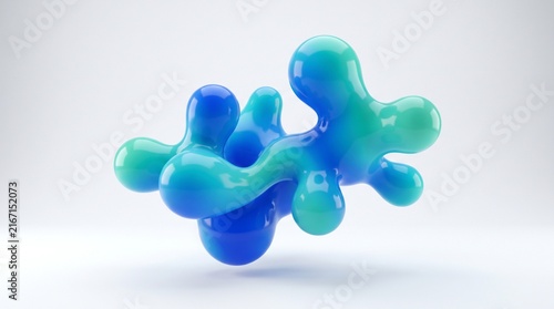 Abstract 3D fluid blob shape with blue and teal gradient colors on a white background.