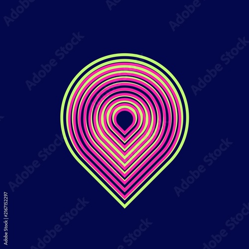 Concentric Location Pin Line Art in Neon Pink and Lime Green on a Dark Navy Background, Modern Navigation Concept