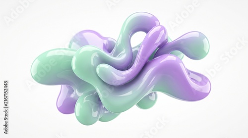 Abstract 3D fluid blob shape with glossy pastel purple and mint green gradient texture.