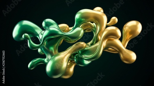Abstract 3D fluid gold and green liquid blobs floating on a dark black background.