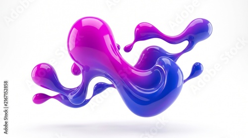 Abstract 3D fluid blob shape with vibrant purple and blue gradient liquid splash design.