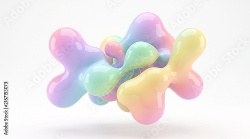 Abstract 3D fluid blob shapes with iridescent pastel colors on a clean white background