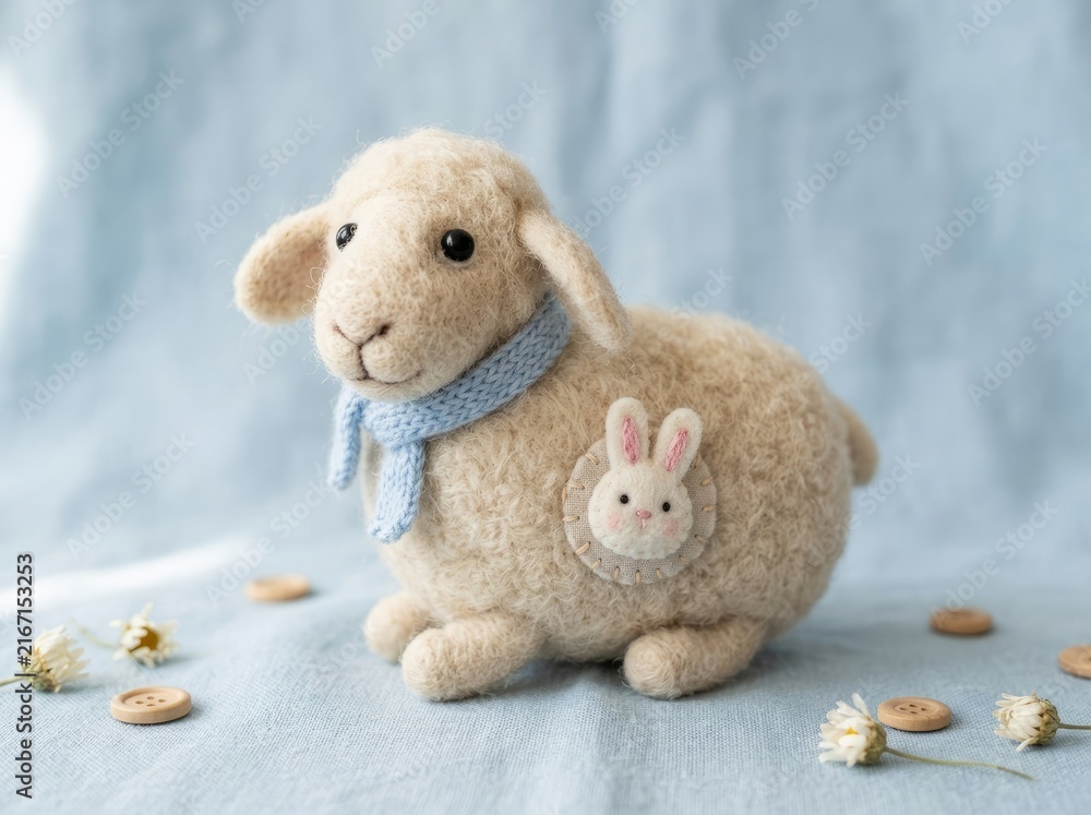 Fototapeta premium Soft beige teddy bear holding a small white bunny plush on blue fabric.
