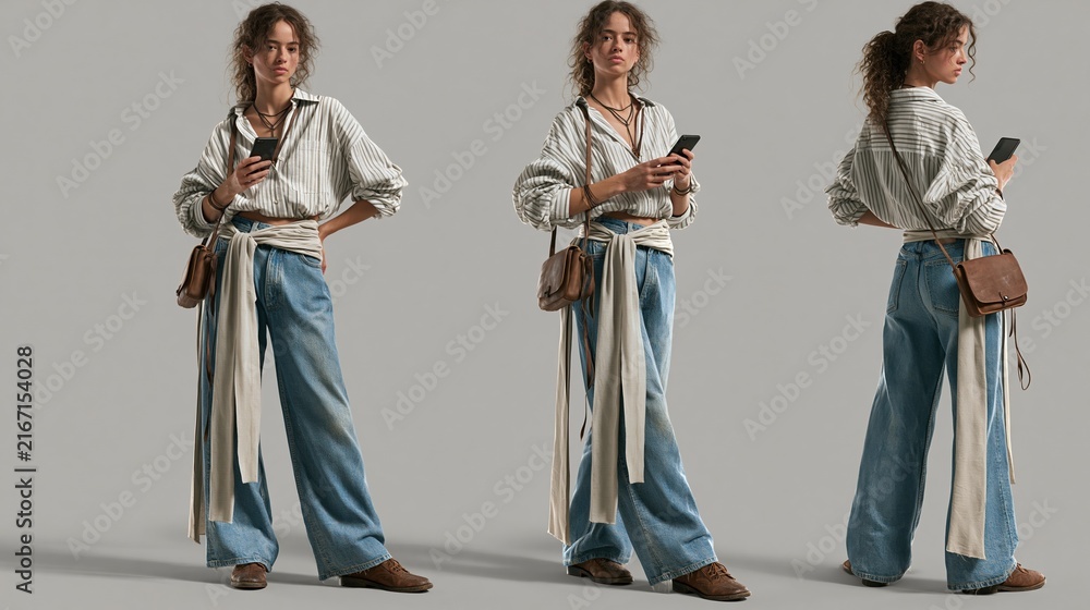 Obraz premium Young Woman Posing with Smartphone in Casual Modern Outfit, Three Angles Display